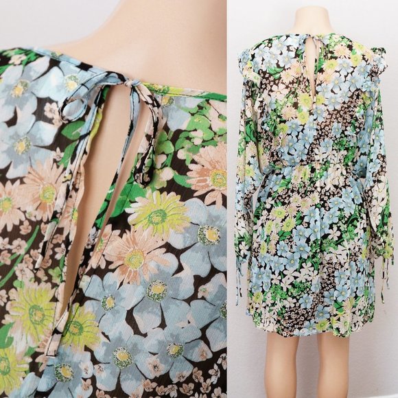 H&M Spring Summer Floral Flowy Chiffon Ruffle Trim Dolman Sleeves Dress M Green - Picture 9 of 14